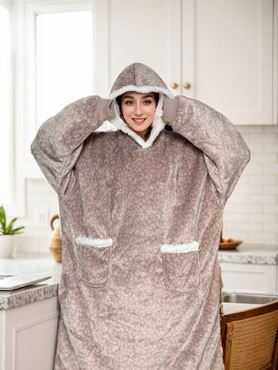 Long Sleeves Printed Pocketed Hooded Wearable Blanket