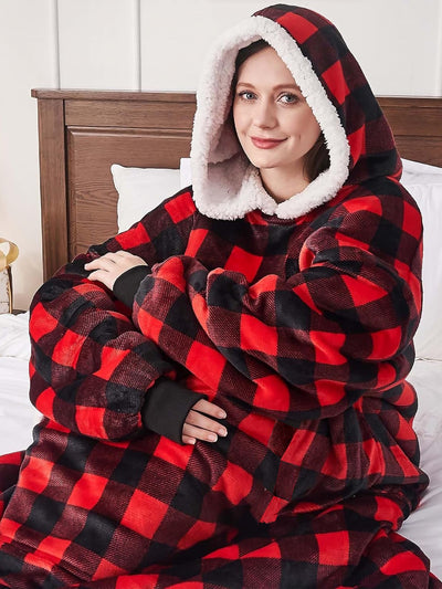 Long Sleeves Printed Pocketed Hooded Wearable Blanket