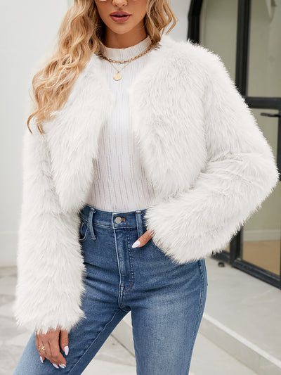 Allegra K Faux Fur Long Sleeves Open Front Cropped Jacket