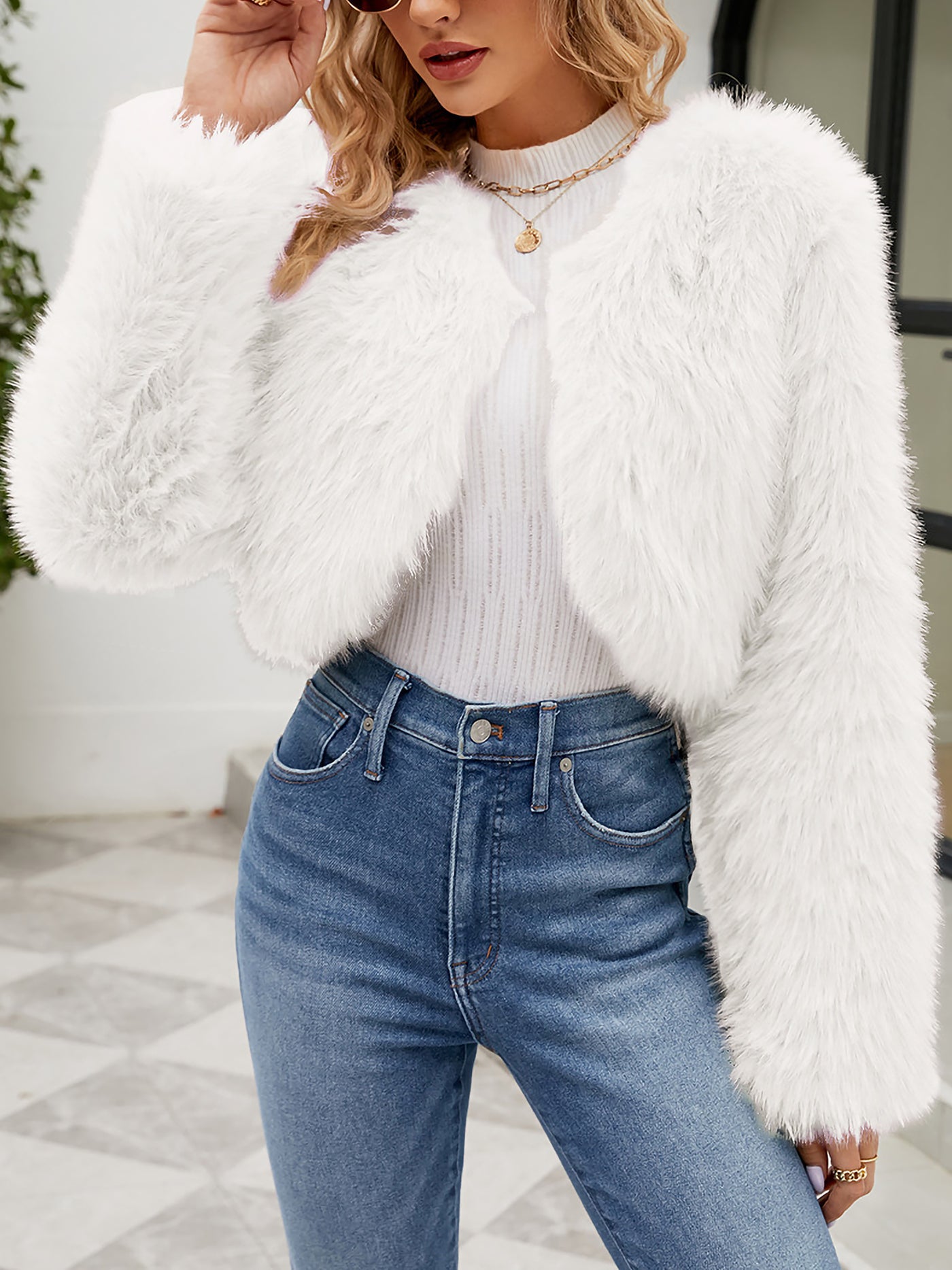 Allegra K Faux Fur Long Sleeves Open Front Cropped Jacket