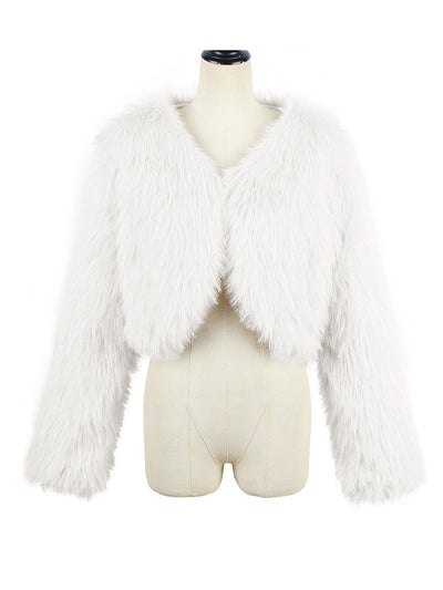 Faux Fur Long Sleeves Open Front Cropped Jacket