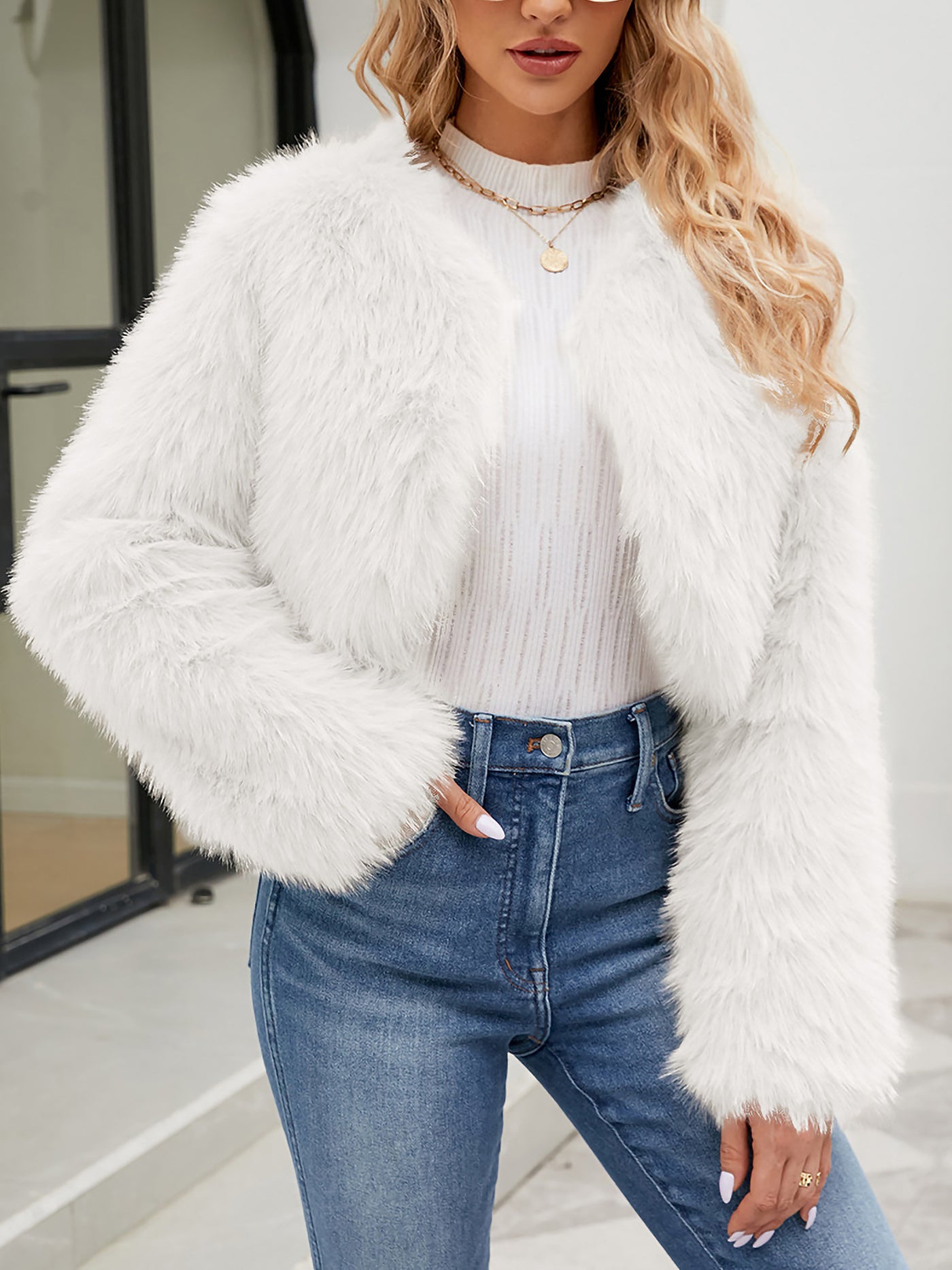 Allegra K Faux Fur Long Sleeves Open Front Cropped Jacket