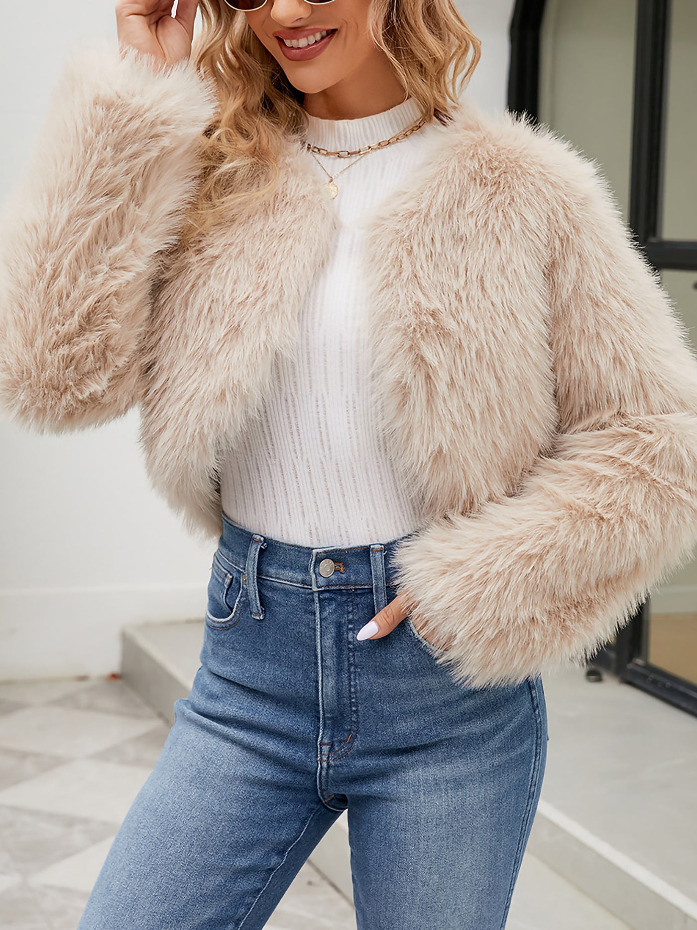 Allegra K Faux Fur Long Sleeves Open Front Cropped Jacket