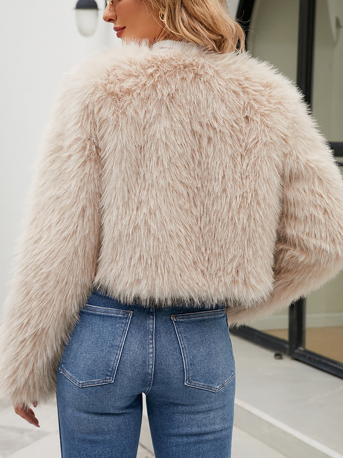 Allegra K Faux Fur Long Sleeves Open Front Cropped Jacket