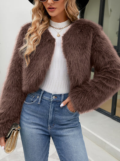 Faux Fur Long Sleeves Open Front Cropped Jacket