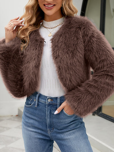 Faux Fur Long Sleeves Open Front Cropped Jacket