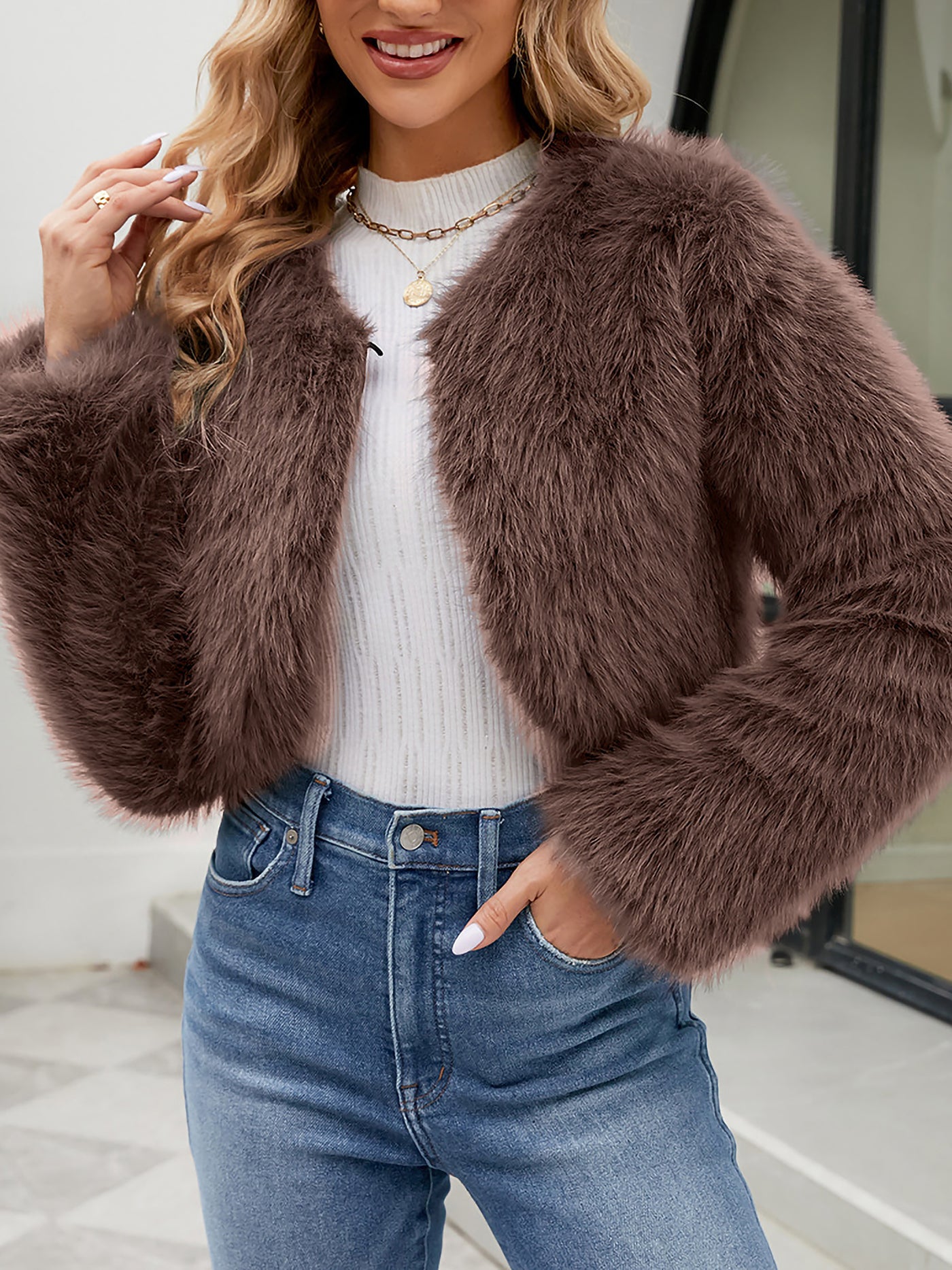 Allegra K Faux Fur Long Sleeves Open Front Cropped Jacket