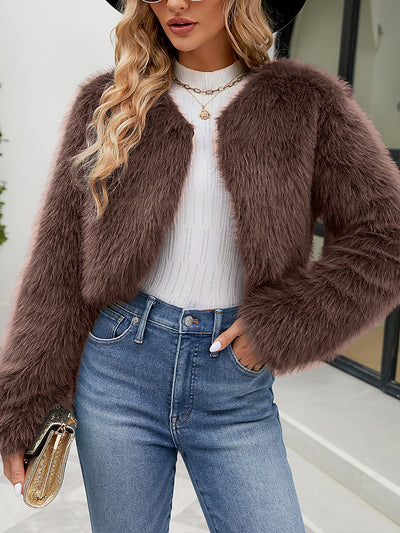 Faux Fur Long Sleeves Open Front Cropped Jacket