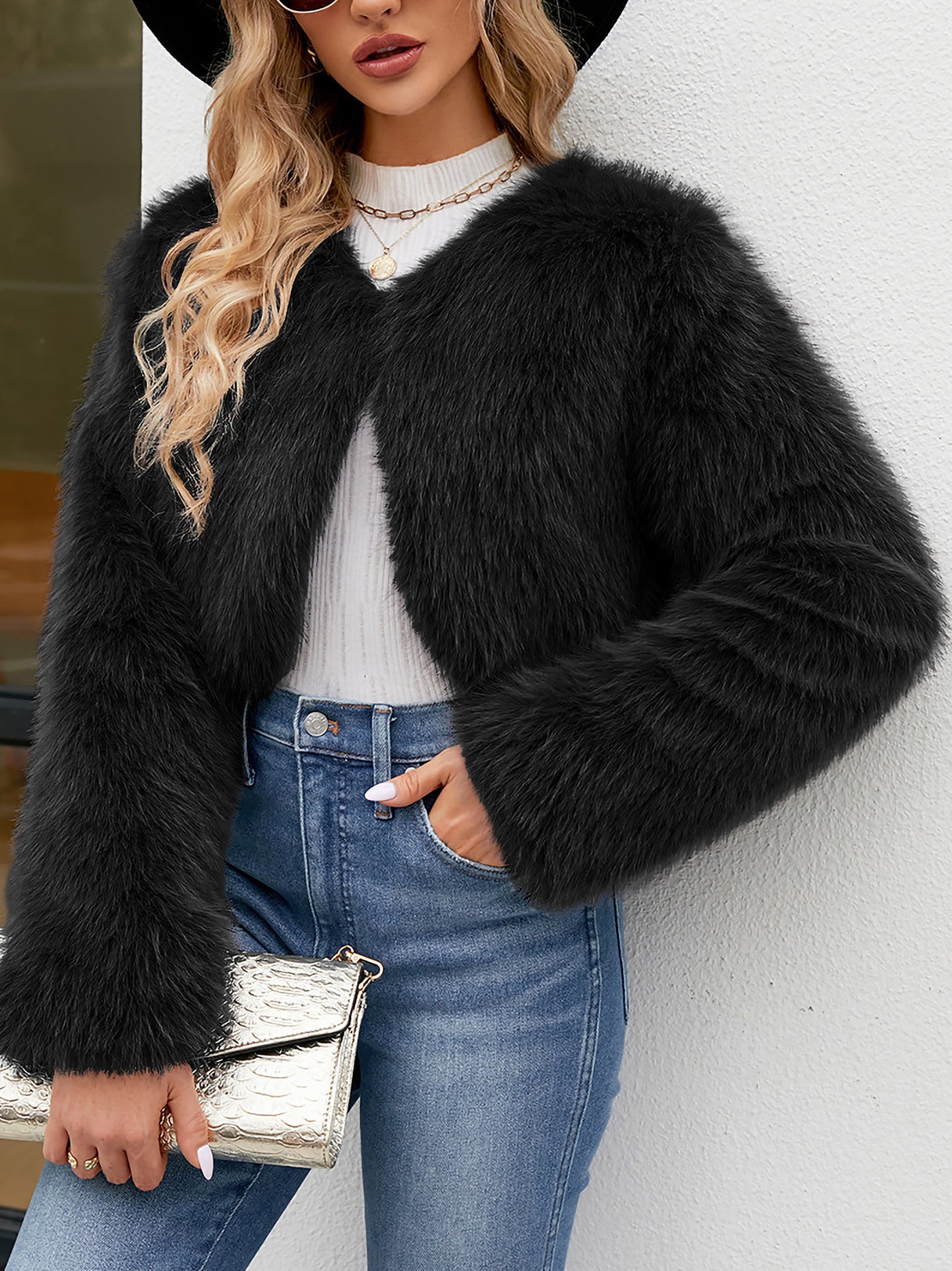 Allegra K Faux Fur Long Sleeves Open Front Cropped Jacket