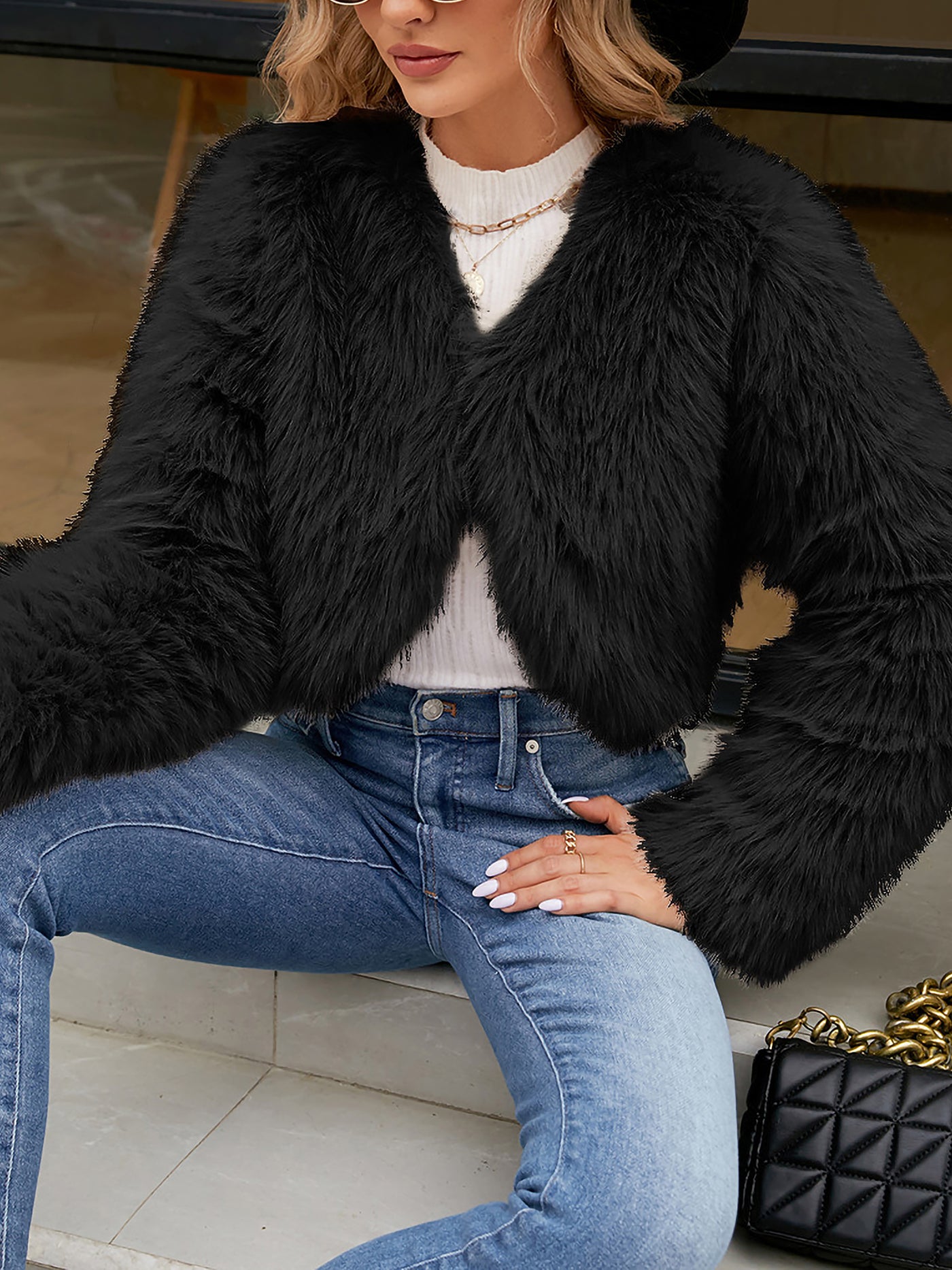 Allegra K Faux Fur Long Sleeves Open Front Cropped Jacket