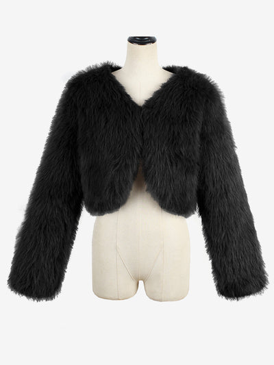 Faux Fur Long Sleeves Open Front Cropped Jacket