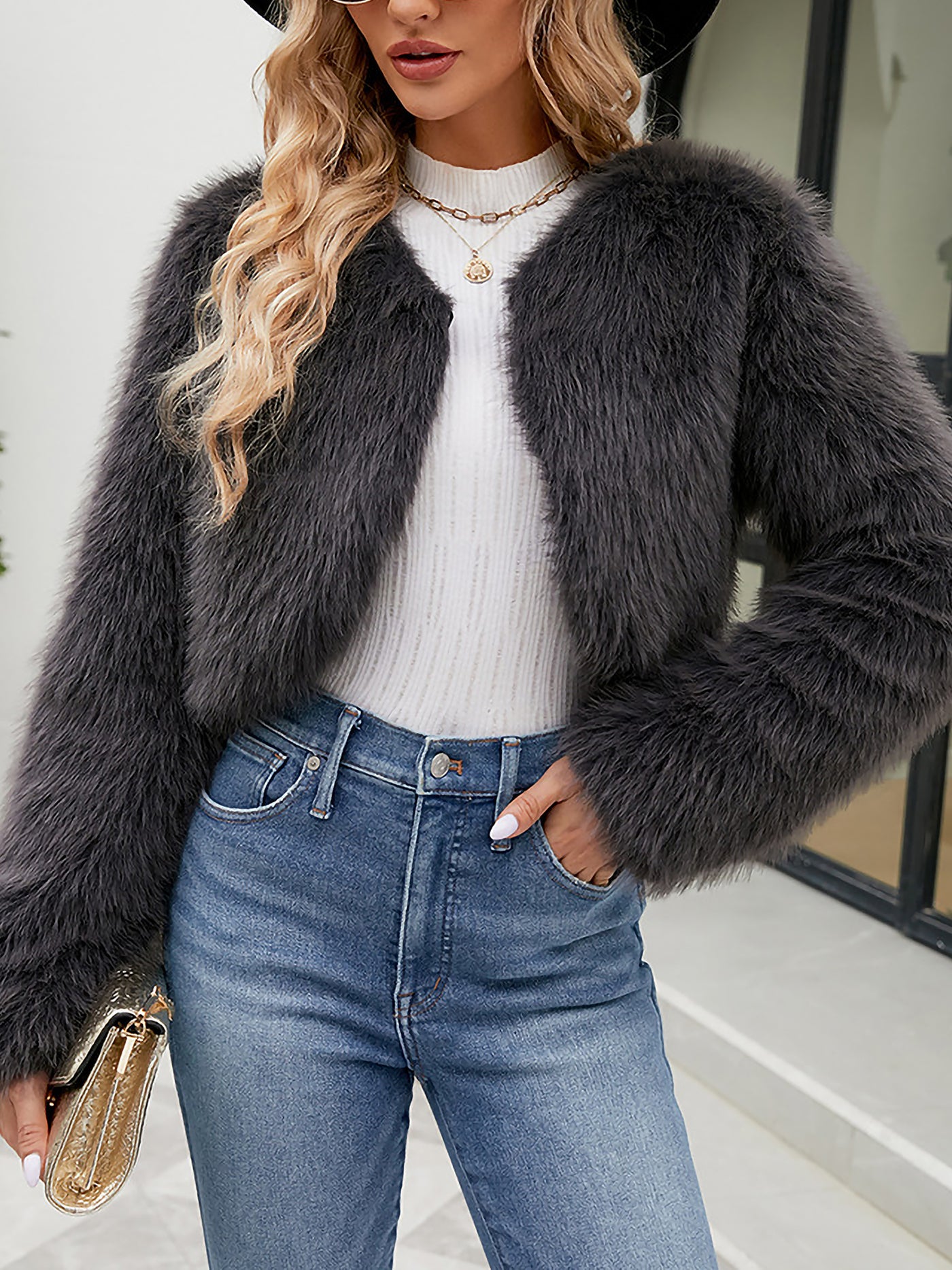 Allegra K Faux Fur Long Sleeves Open Front Cropped Jacket