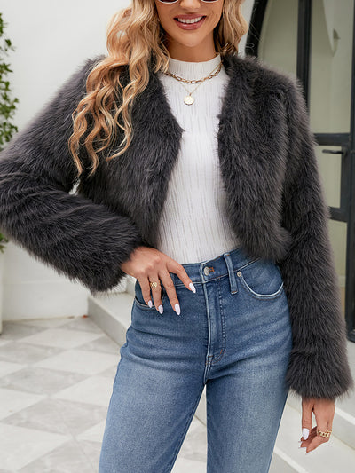 Faux Fur Long Sleeves Open Front Cropped Jacket