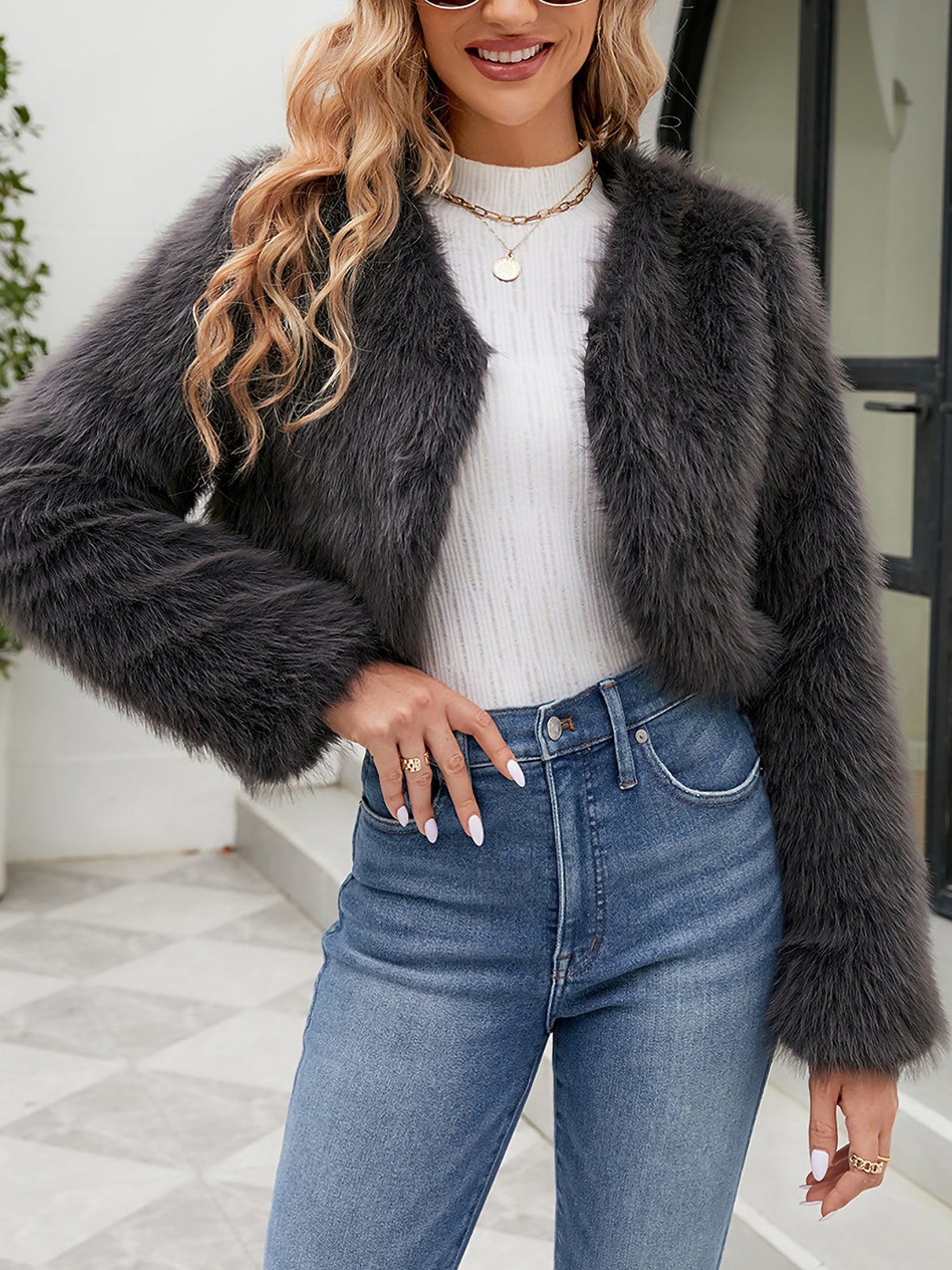 Allegra K Faux Fur Long Sleeves Open Front Cropped Jacket