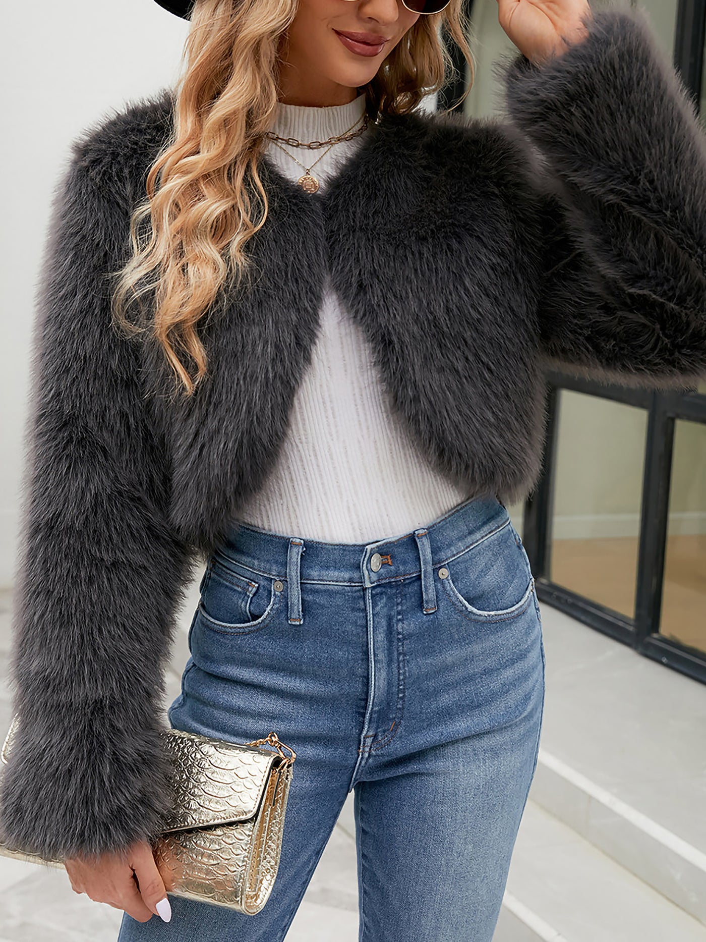 Allegra K Faux Fur Long Sleeves Open Front Cropped Jacket