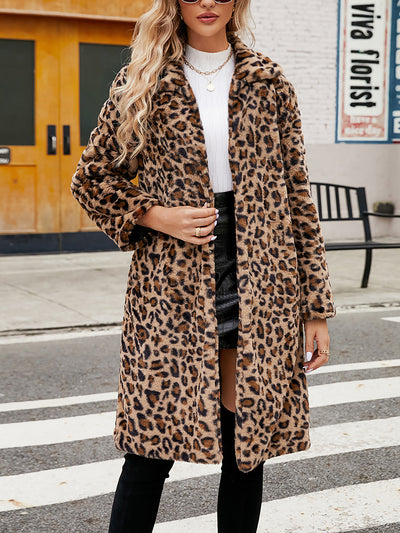 Leopard Print Faux Fur Collared Long Sleeves Jacket