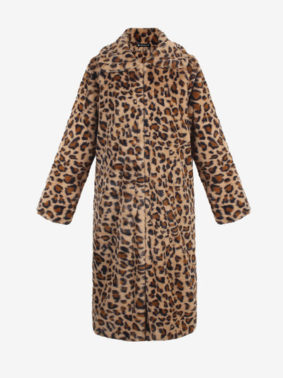 Leopard Print Faux Fur Collared Long Sleeves Jacket