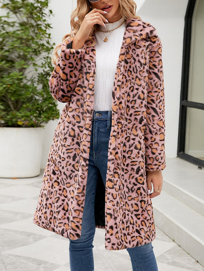 Leopard Print Faux Fur Collared Long Sleeves Jacket