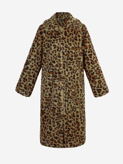 Leopard Print Faux Fur Collared Long Sleeves Jacket