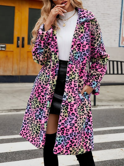 Leopard Print Faux Fur Collared Long Sleeves Jacket