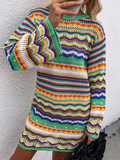 Round Neck Colorful Striped Pullover Mini Sweater Dress