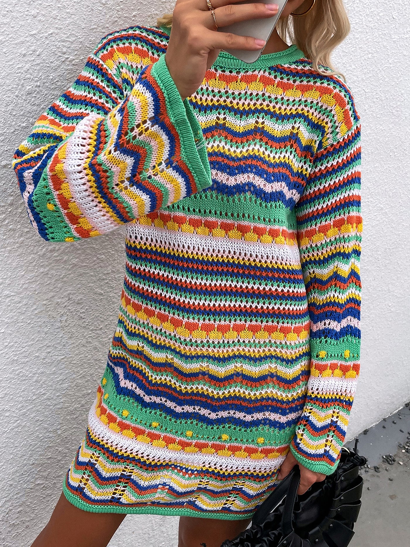 Allegra K Round Neck Colorful Striped Pullover Mini Sweater Dress