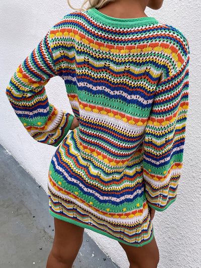 Round Neck Colorful Striped Pullover Mini Sweater Dress