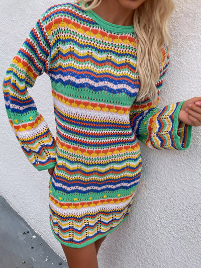 Round Neck Colorful Striped Pullover Mini Sweater Dress