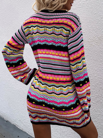 Round Neck Colorful Striped Pullover Mini Sweater Dress