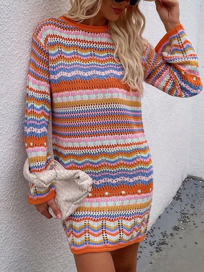 Round Neck Colorful Striped Pullover Mini Sweater Dress