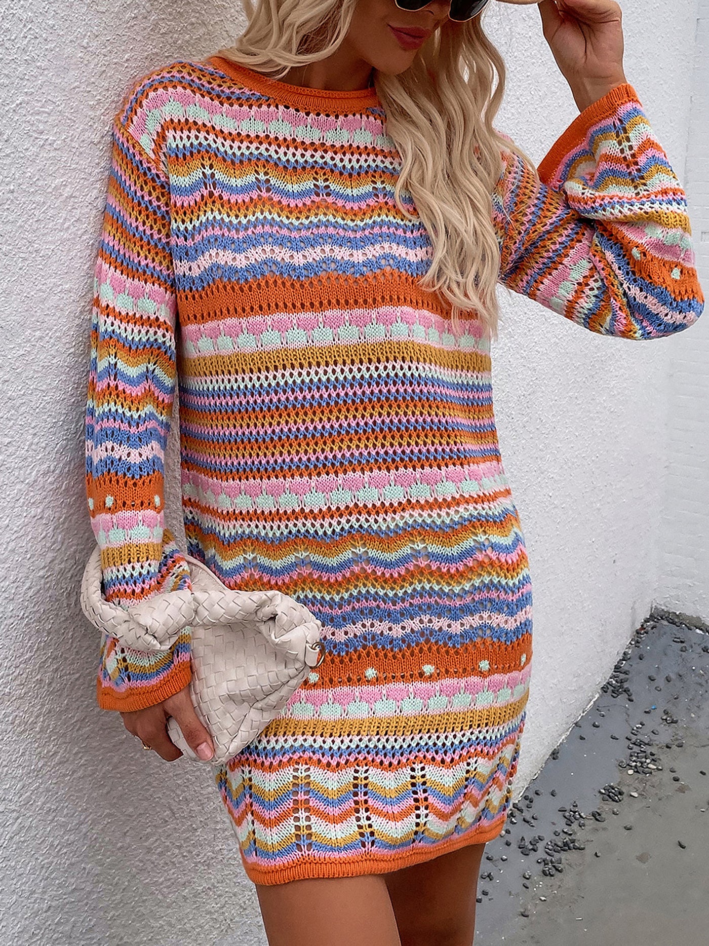 Allegra K Round Neck Colorful Striped Pullover Mini Sweater Dress