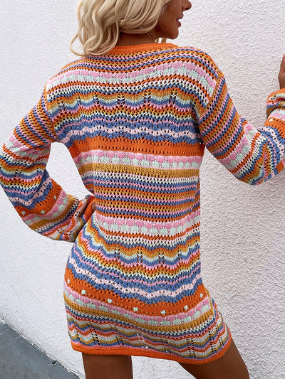 Round Neck Colorful Striped Pullover Mini Sweater Dress