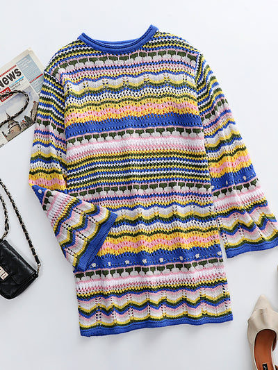 Round Neck Colorful Striped Pullover Mini Sweater Dress