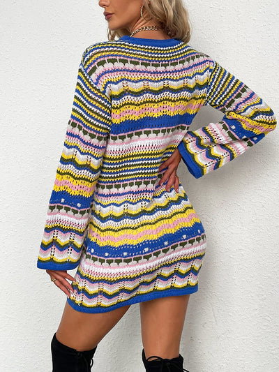 Round Neck Colorful Striped Pullover Mini Sweater Dress