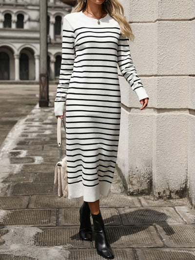 Striped Round Neck Long Sleeves Maxi Sweater Dress