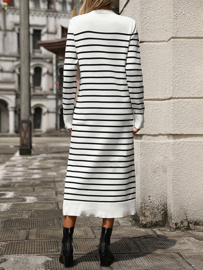 Striped Round Neck Long Sleeves Maxi Sweater Dress