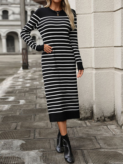 Striped Round Neck Long Sleeves Maxi Sweater Dress