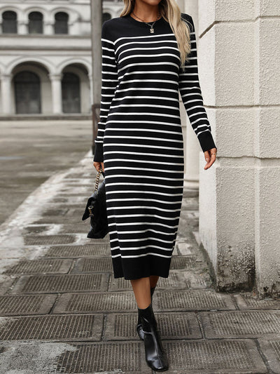 Striped Round Neck Long Sleeves Maxi Sweater Dress