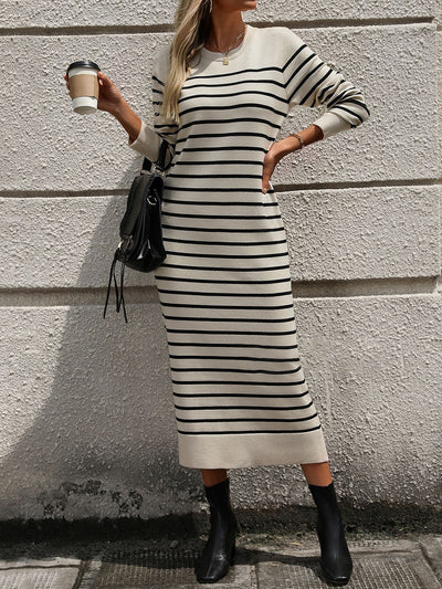 Striped Round Neck Long Sleeves Maxi Sweater Dress