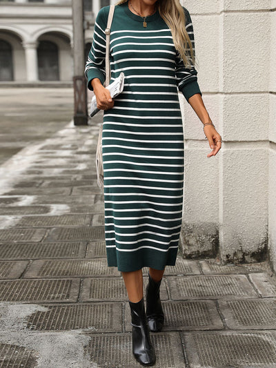 Striped Round Neck Long Sleeves Maxi Sweater Dress