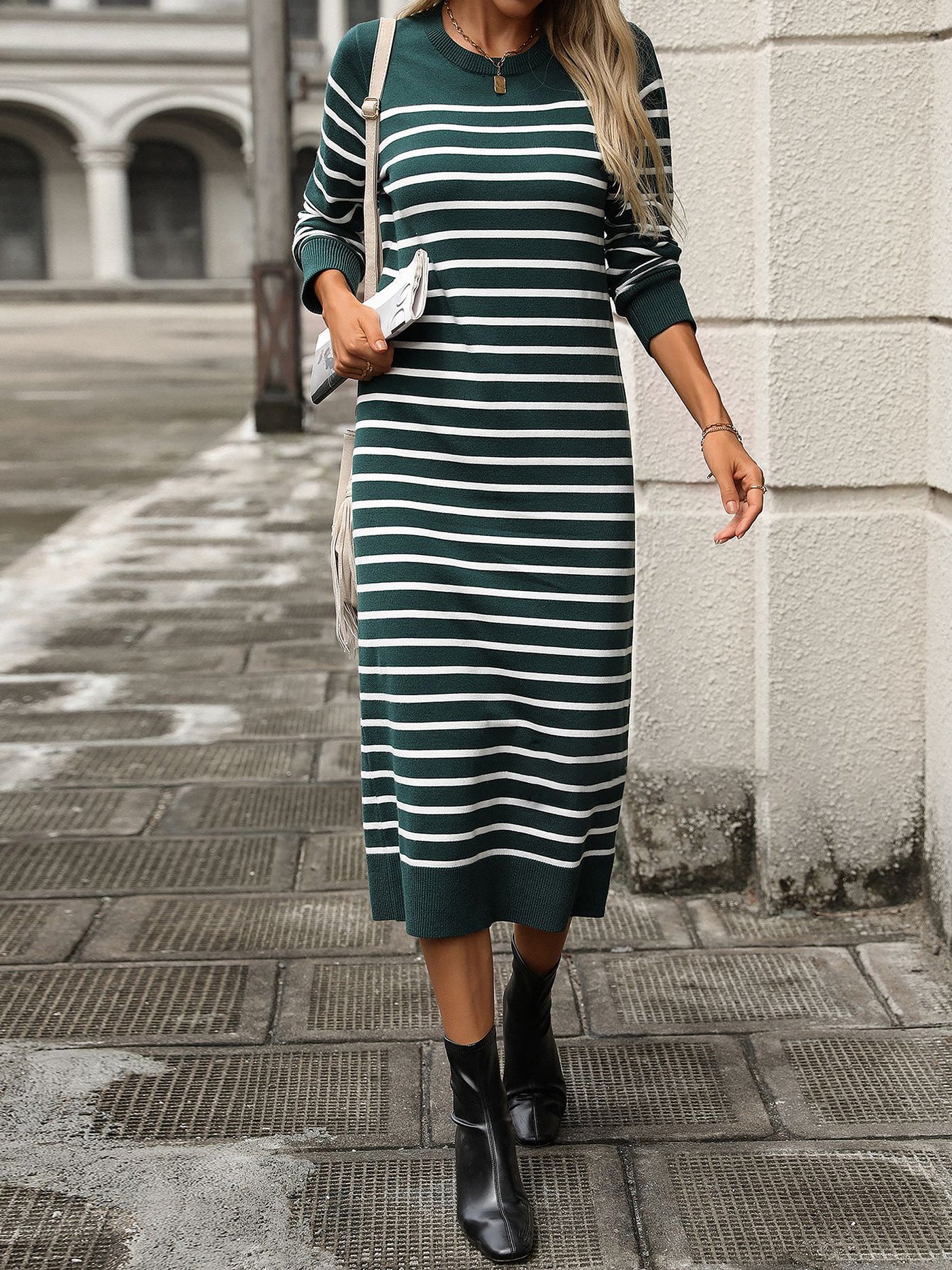 Allegra K Striped Round Neck Long Sleeves Maxi Sweater Dress