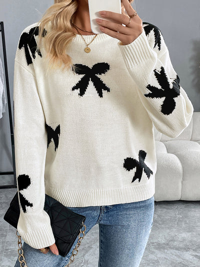 Round Neck Bow Long Sleeves Knitted Sweater