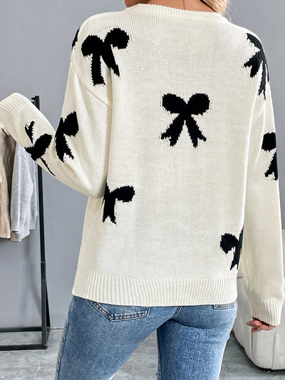 Round Neck Bow Long Sleeves Knitted Sweater