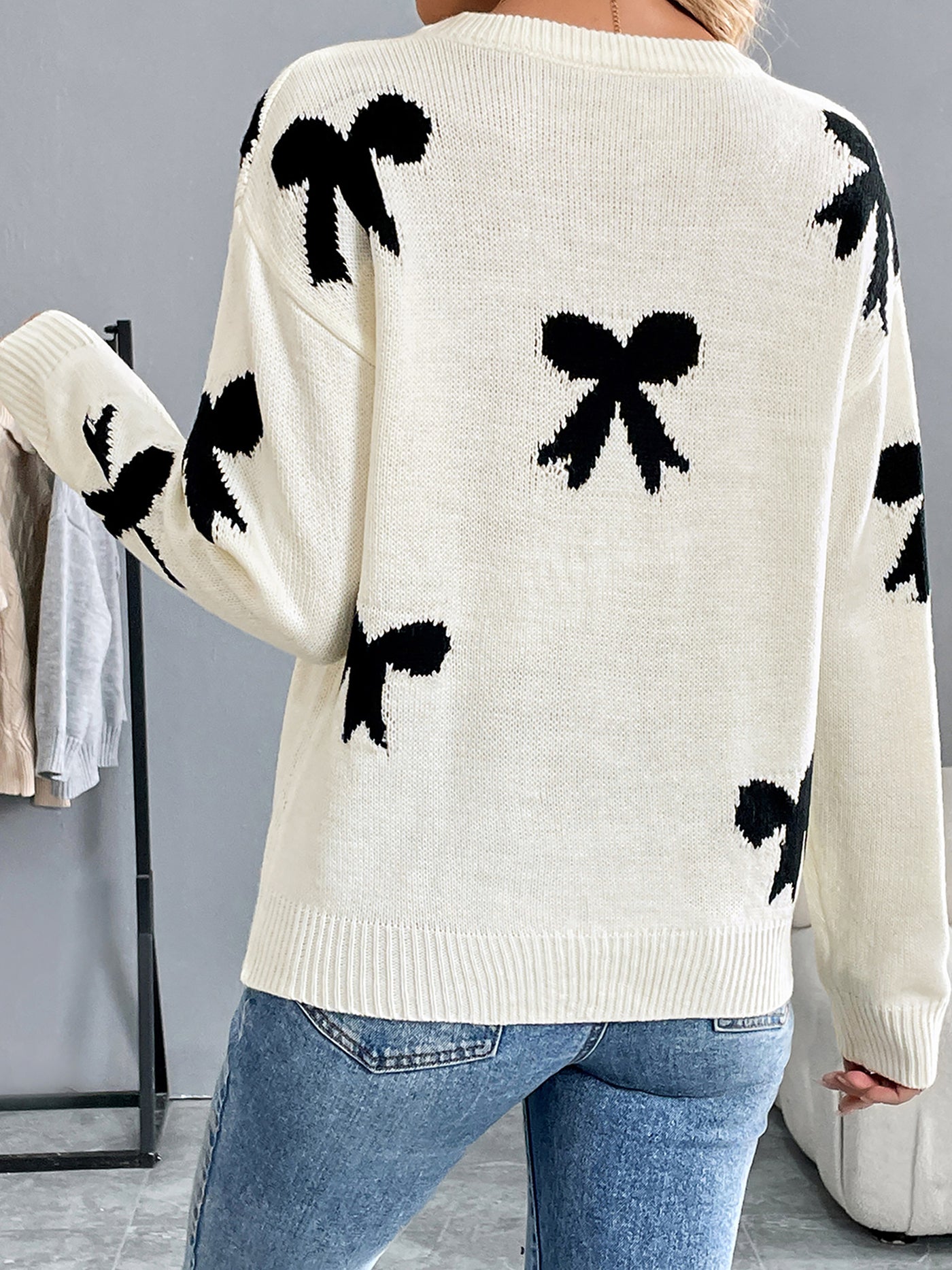 Allegra K Round Neck Bow Long Sleeves Knitted Sweater