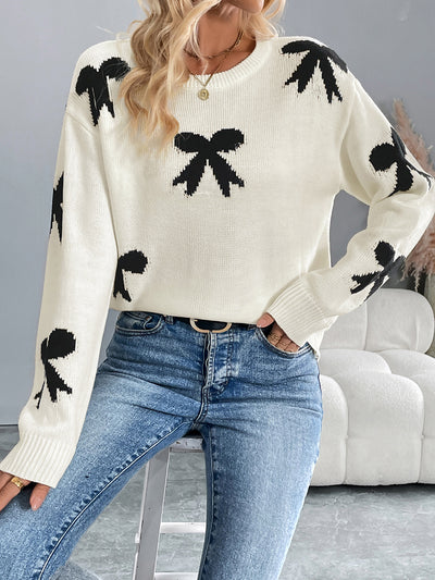 Round Neck Bow Long Sleeves Knitted Sweater