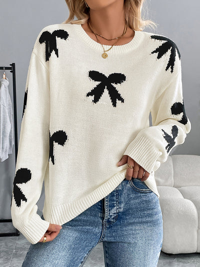 Round Neck Bow Long Sleeves Knitted Sweater