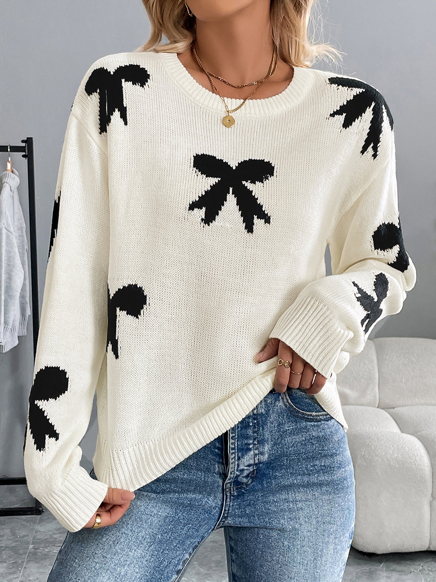 Allegra K Round Neck Bow Long Sleeves Knitted Sweater