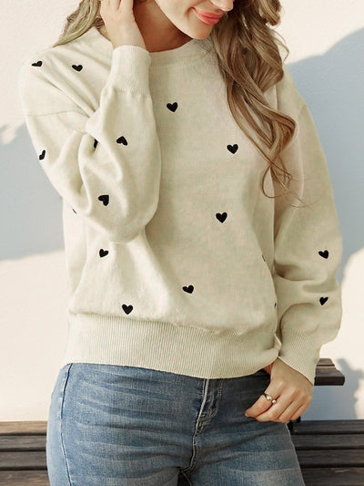 Heart Print Long Sleeves Round Neck Knitted Sweater