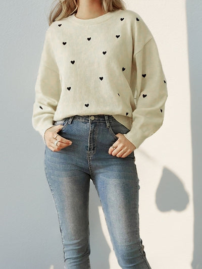 Heart Print Long Sleeves Round Neck Knitted Sweater