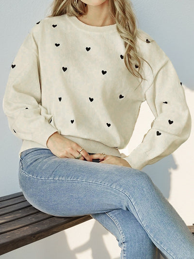 Heart Print Long Sleeves Round Neck Knitted Sweater